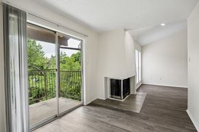 Dallas apartment for rent - A modern living room with a fireplace and sliding glass doors.