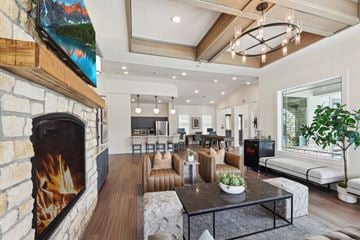 San Marcos apartment for rent - A modern living room with a stone fireplace and a large painting above it.