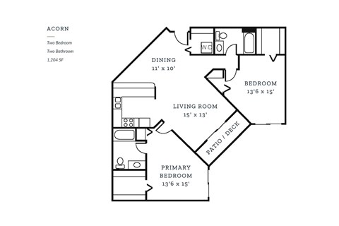 Floor plan for 2 beds, 2 baths, 1204 sqft