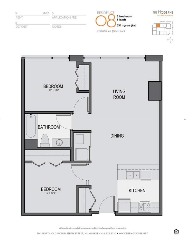 Floor plan for 1 bed, 1 bath, 843 sqft
