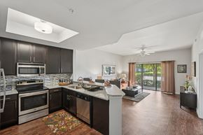 Fort Myers apartment for rent - A modern kitchen with dark wood cabinets and stainless steel appliances.