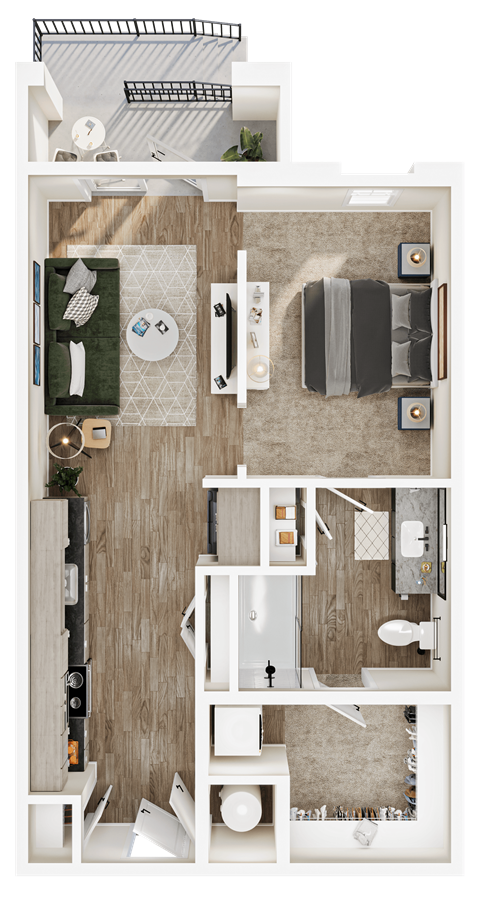 Floor plan for 1 bed, 1 bath, 605 sqft
