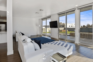 Beverly Hills apartment for rent - A modern living room with a white sofa and a television.