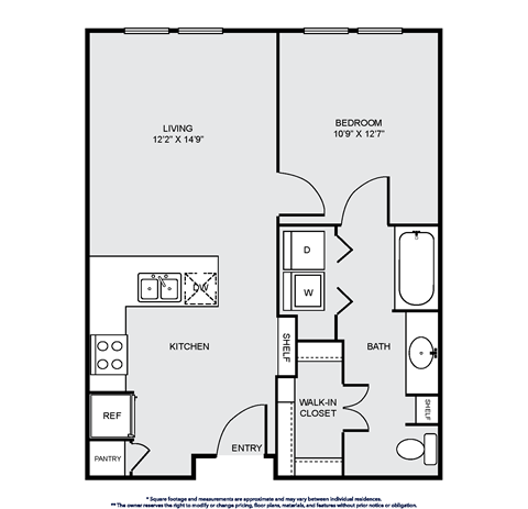Floor plan for 1 bed, 1 bath, 666 sqft