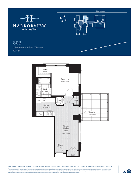 Floor plan for 1 bed, 1 bath, 627 sqft
