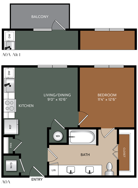 Floor plan for 1 bed, 1 bath, 610 sqft