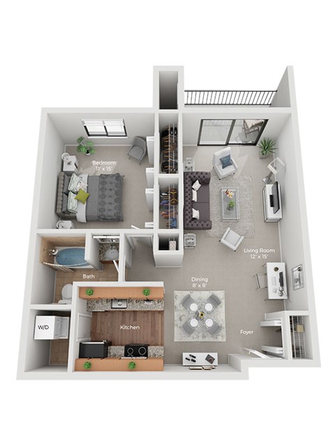 Floor plan for 1 bed, 1 bath, 770 sqft
