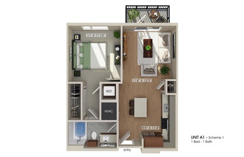 Floor plan for 1 bed, 1 bath, 633 sqft