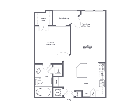 Floor plan for 1 bed, 1 bath, 652 sqft