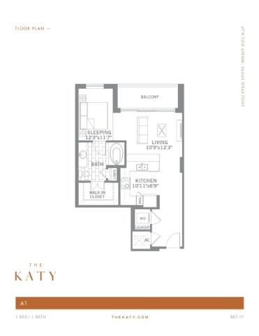 Floor plan for 1 bed, 1 bath, 657 sqft