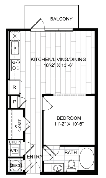 Floor plan for 1 bed, 1 bath, 604 sqft