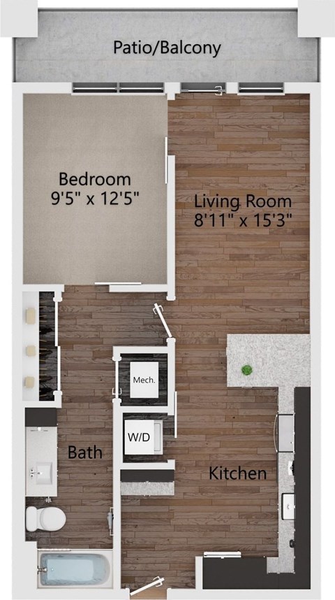 Floor plan for 1 bed, 1 bath, 646 sqft