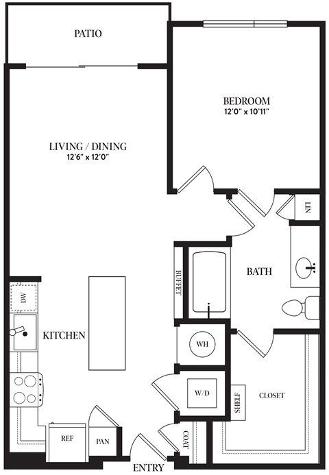 Floor plan for 1 bed, 1 bath, 699 sqft