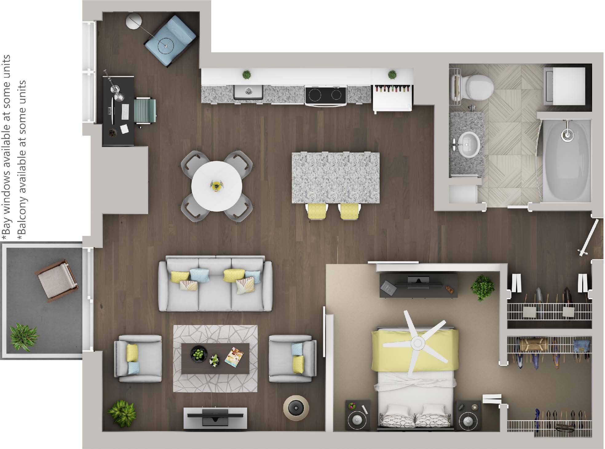 Floor plan for 1 bed, 1 bath, 667 sqft