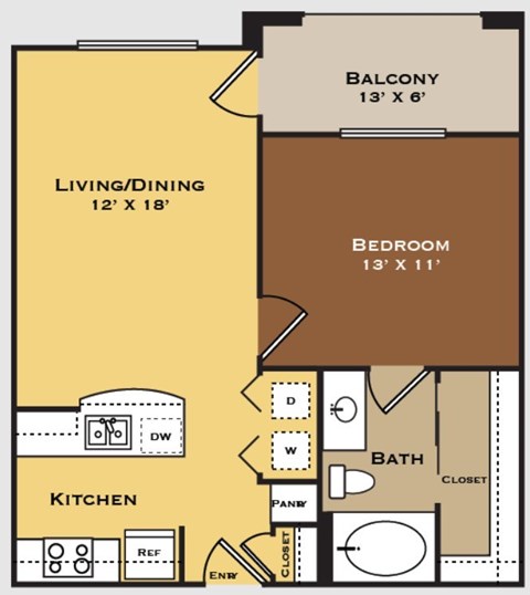 Floor plan for 1 bed, 1 bath, 632 sqft