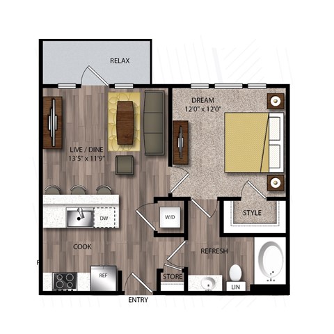 Floor plan for 1 bed, 1 bath, 611 sqft
