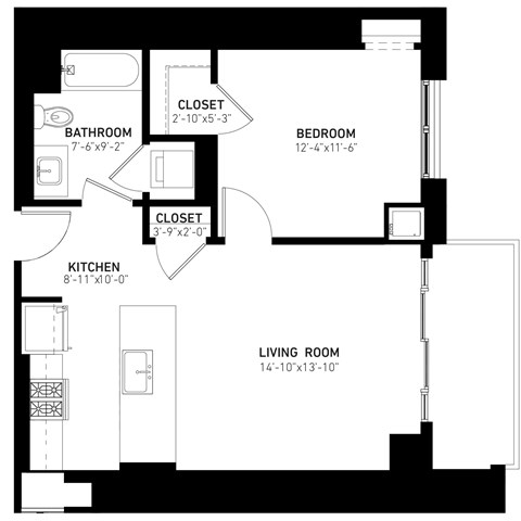 Floor plan for 1 bed, 1 bath, 680 sqft
