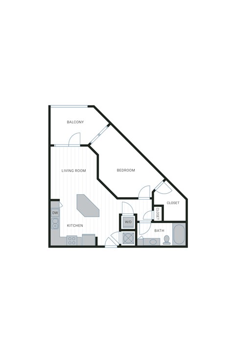 Floor plan for 1 bed, 1 bath, 727 sqft