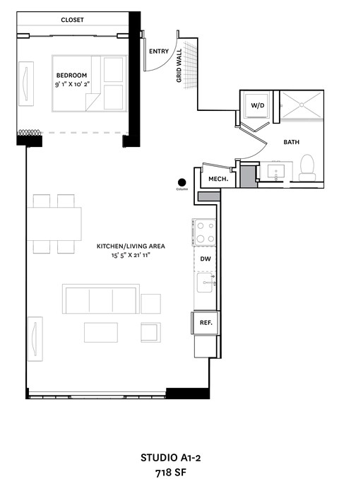 Floor plan for studio, 1 bath, 718 sqft
