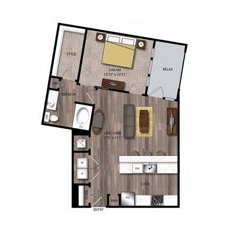 Floor plan for 1 bed, 1 bath, 819 sqft
