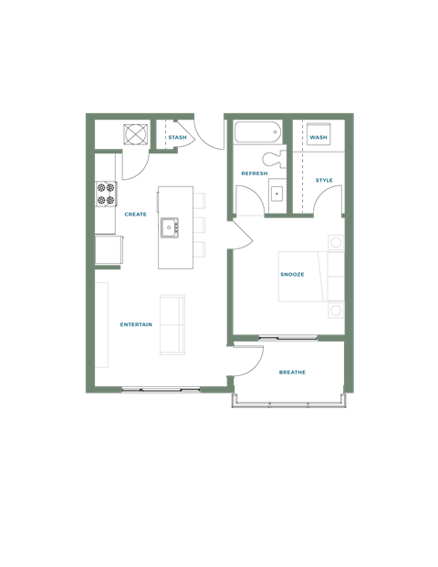 Floor plan for 1 bed, 1 bath, 675 sqft