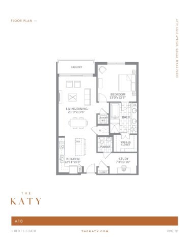 Floor plan for 1 bed, 1.5 baths, 1097 sqft