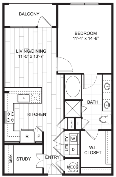 Floor plan for 1 bed, 1 bath, 832 sqft