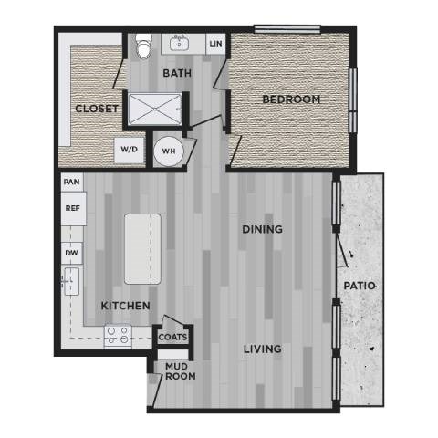Floor plan for 1 bed, 1 bath, 865 sqft