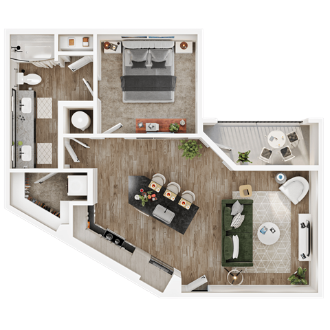 Floor plan for 1 bed, 1 bath, 775 sqft
