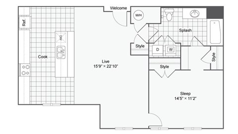 Floor plan for 1 bed, 1 bath, 879 sqft