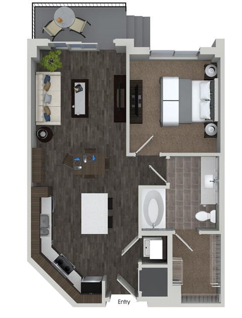 Floor plan for 1 bed, 1 bath, 702 sqft