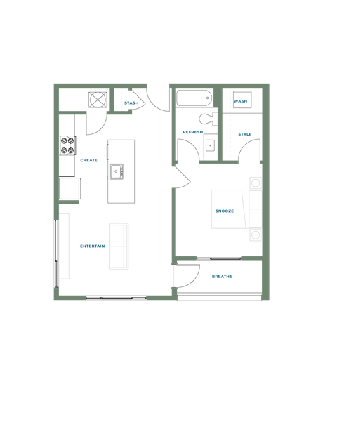 Floor plan for 1 bed, 1 bath, 721 sqft