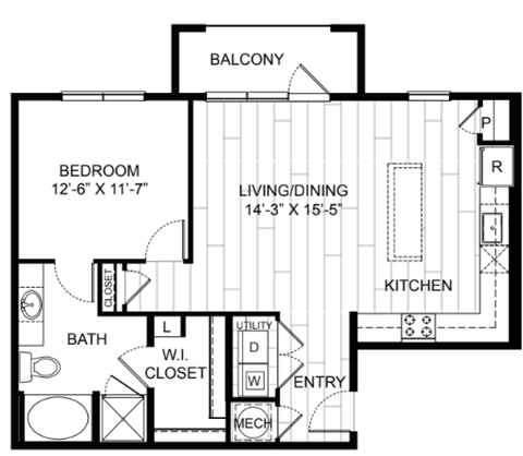 Floor plan for 1 bed, 1 bath, 877 sqft