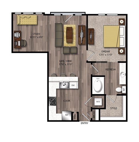 Floor plan for 1 bed, 1 bath, 843 sqft