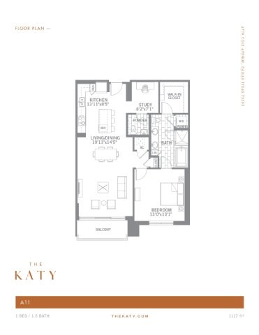 Floor plan for 1 bed, 1.5 baths, 1117 sqft