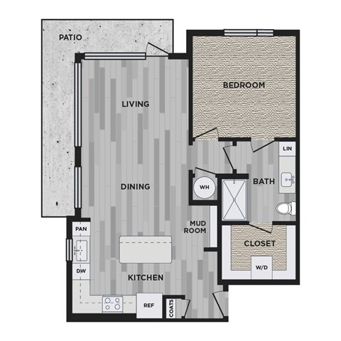 Floor plan for 1 bed, 1 bath, 880 sqft