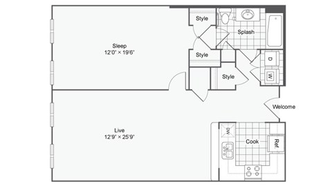 Floor plan for 1 bed, 1 bath, 936 sqft