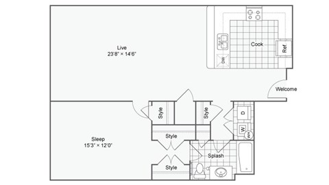 Floor plan for 1 bed, 1.5 baths, 931 sqft