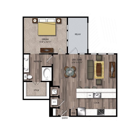 Floor plan for 1 bed, 1 bath, 928 sqft