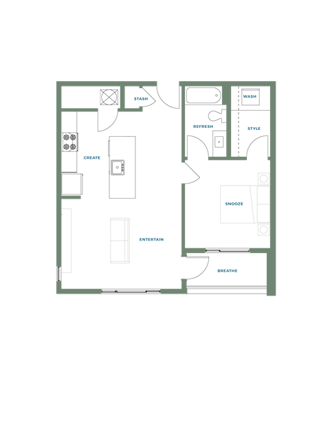 Floor plan for 1 bed, 1 bath, 754 sqft