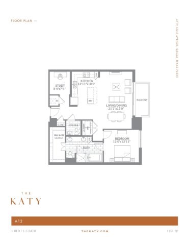 Floor plan for 1 bed, 1.5 baths, 1151 sqft