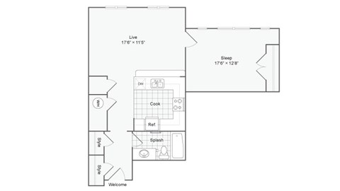 Floor plan for 1 bed, 1 bath, 933 sqft