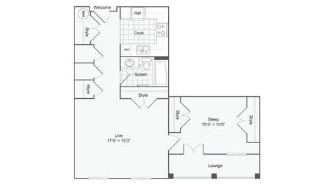 Floor plan for 1 bed, 1 bath, 933 sqft