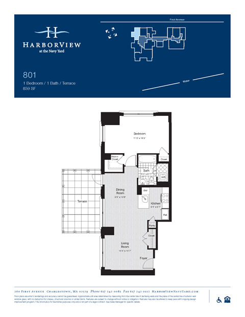 Floor plan for 1 bed, 1 bath, 859 sqft