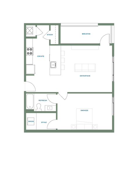 Floor plan for 1 bed, 1 bath, 845 sqft