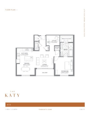 Floor plan for 1 bed, 1.5 baths, 1162 sqft