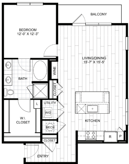 Floor plan for 1 bed, 1 bath, 923 sqft