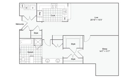Floor plan for 1 bed, 1 bath, 1084 sqft