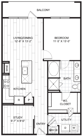 Floor plan for 1 bed, 1 bath, 930 sqft