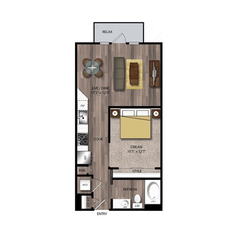 Floor plan for 1 bed, 1 bath, 636 sqft